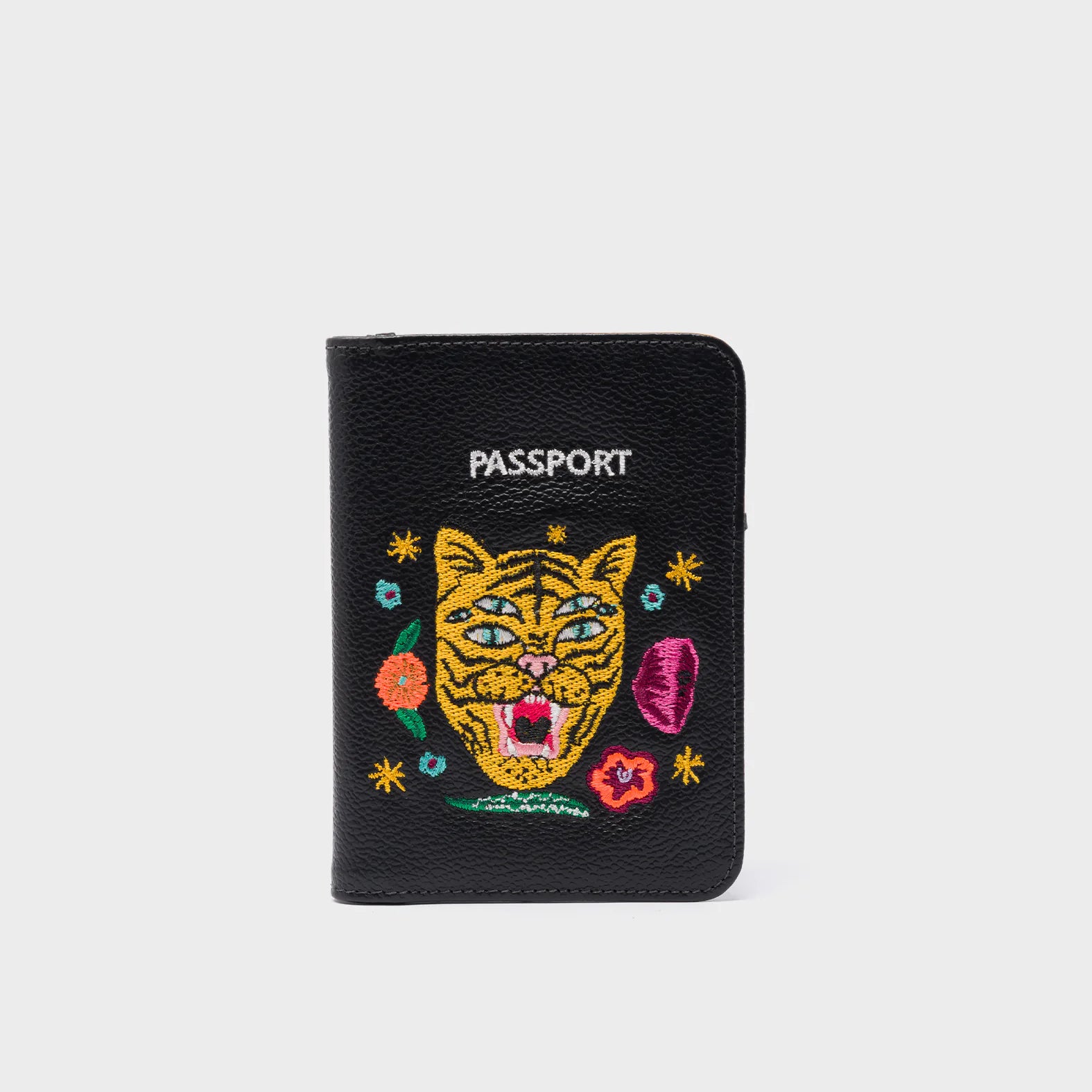 Frida Black Leather Passport Cover - Tiger and Flowers Embroidery - Front View