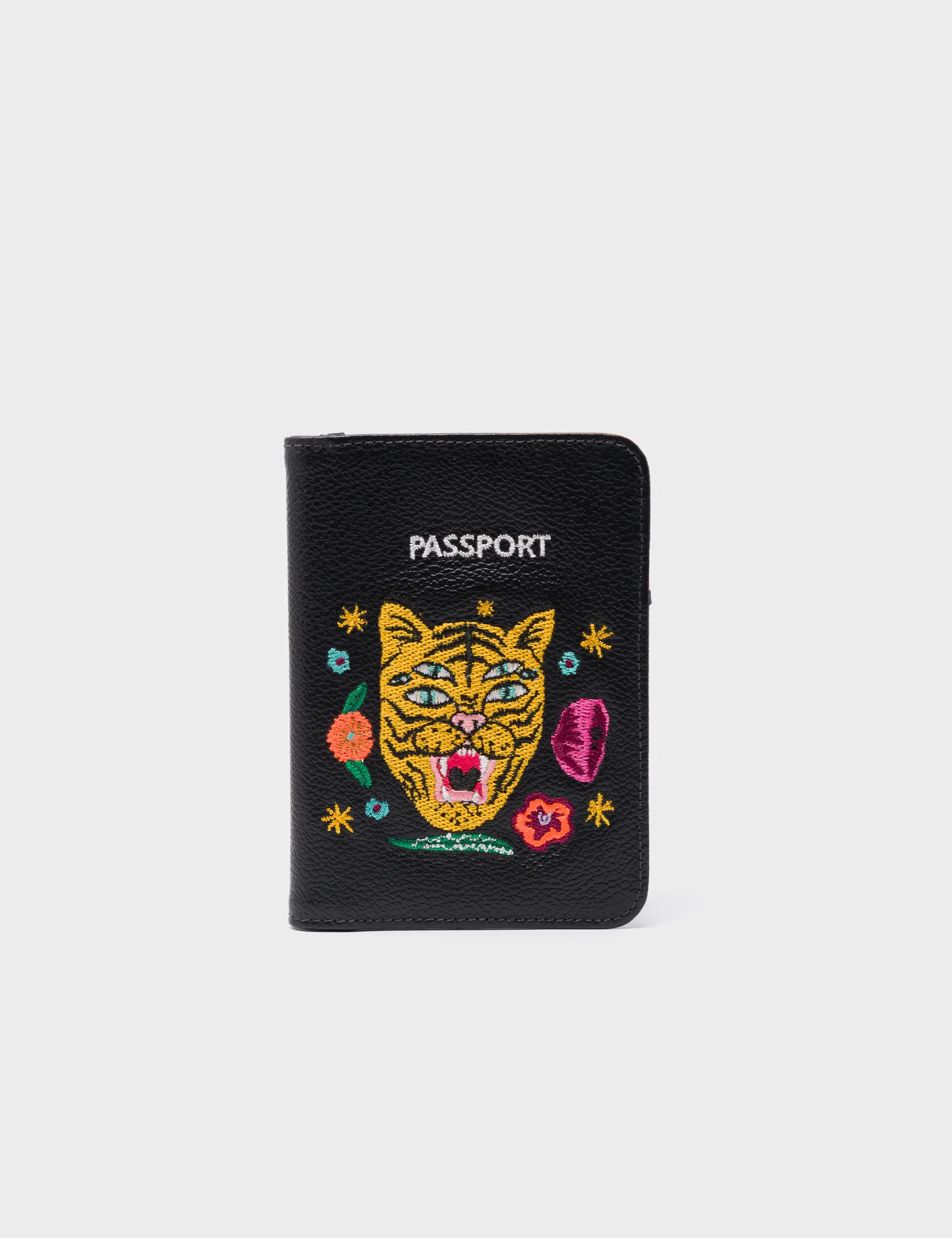 Frida Black Leather Passport Cover - Tiger and Flowers Embroidery