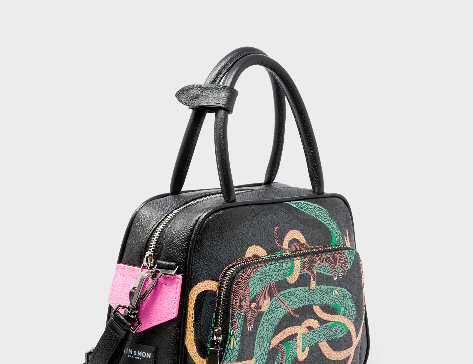 Marino Medium Crossbody Black Leather Bag - Tiger And Snake Print - Main View