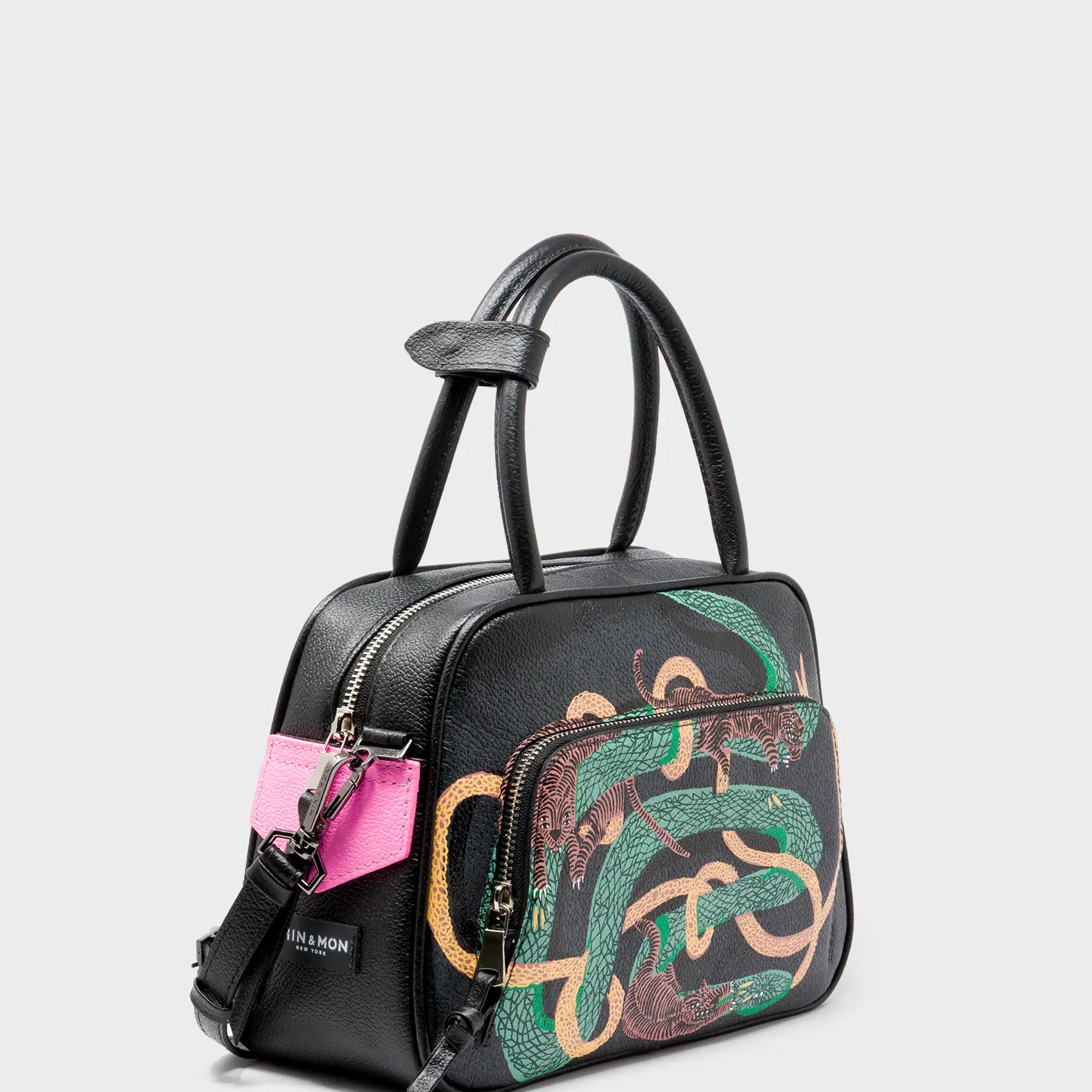 Marino Medium Crossbody Black Leather Bag - Tiger And Snake Print - Main View