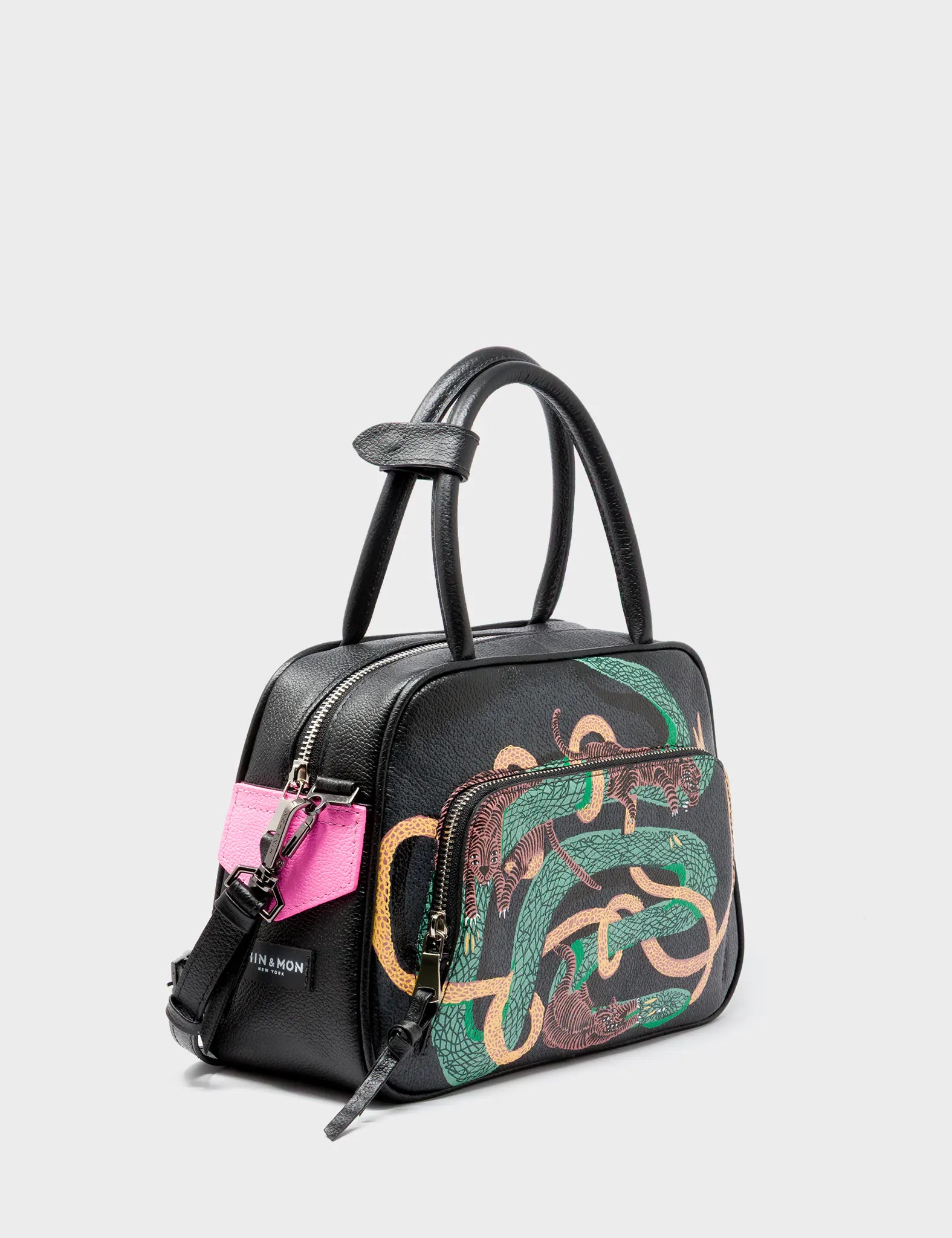 Marino Medium Crossbody Black Leather Bag - Tiger And Snake Print - Main View