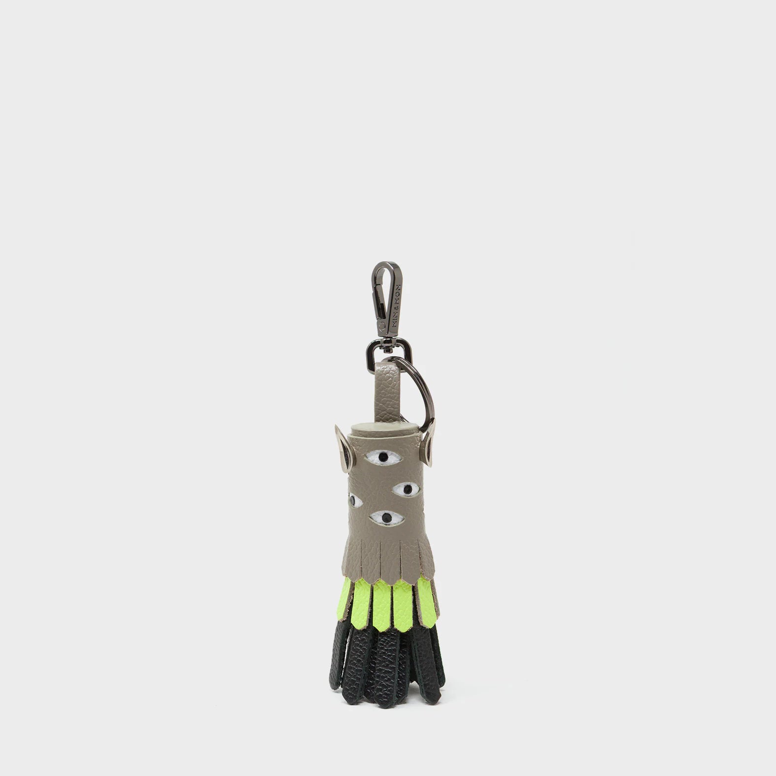 Oliver The Ox Charm - Neon Lime and Tuffet Brown Leather Keychain - Front view