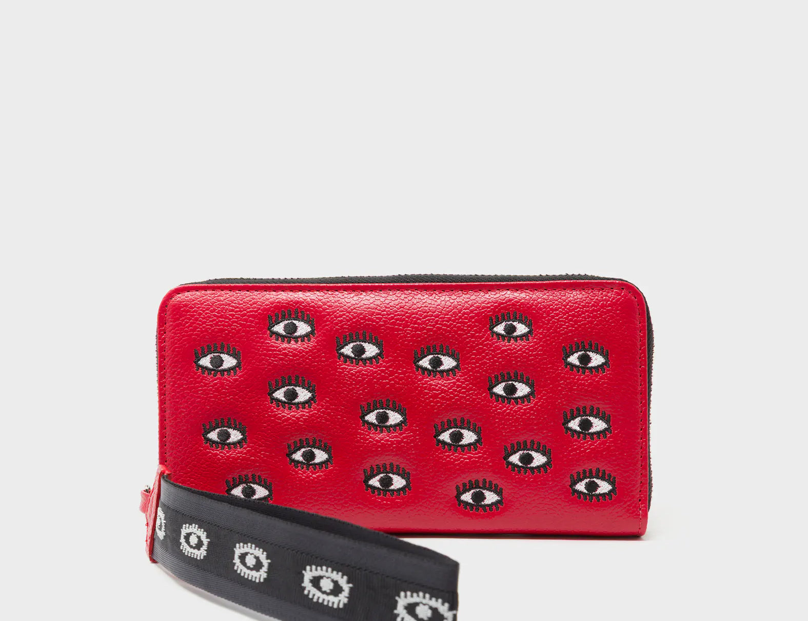 Francis Jester Red Leather Wallet - All Over Eyes Embroidery - Front View