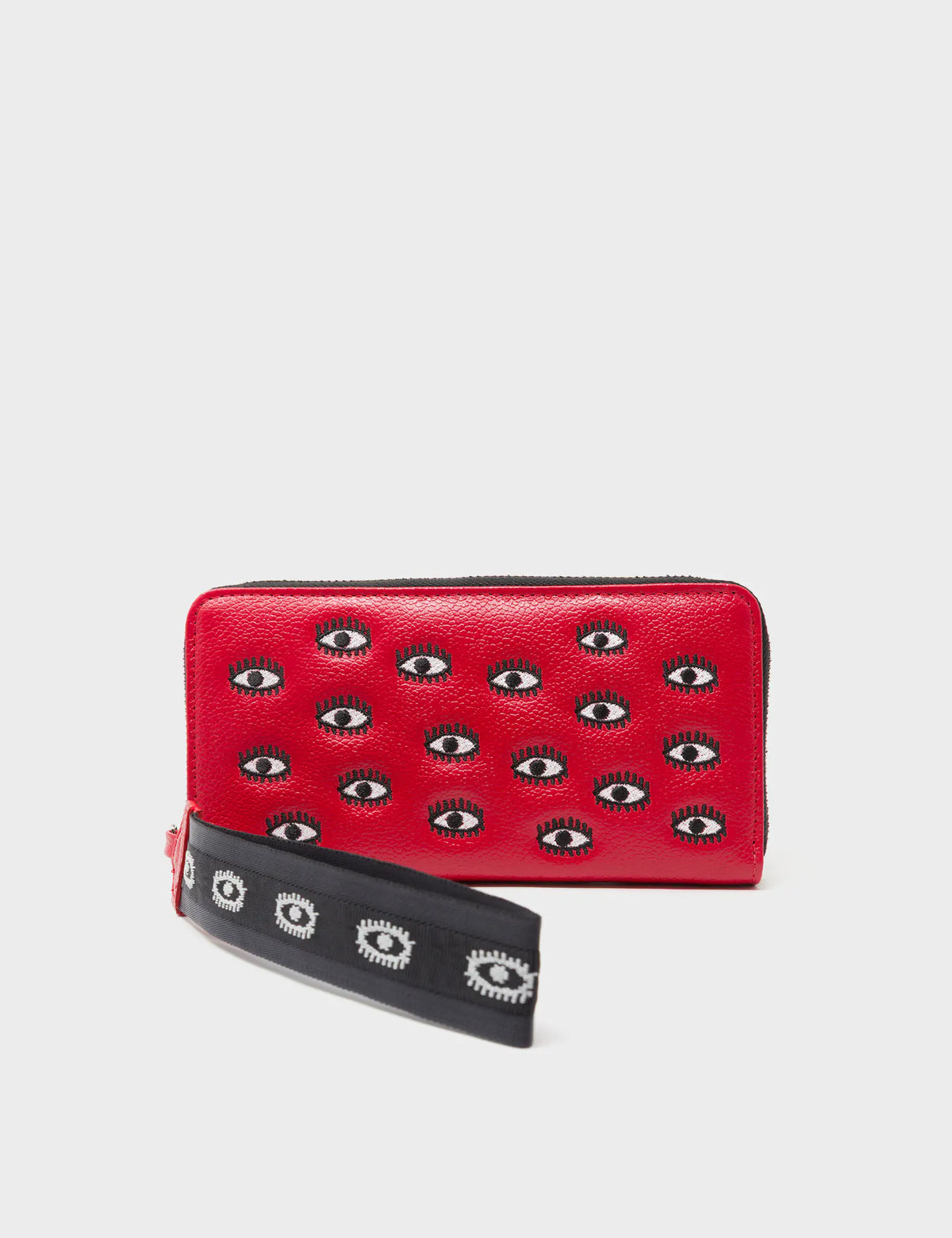 Francis Jester Red Leather Wallet - All Over Eyes Embroidery - Front View