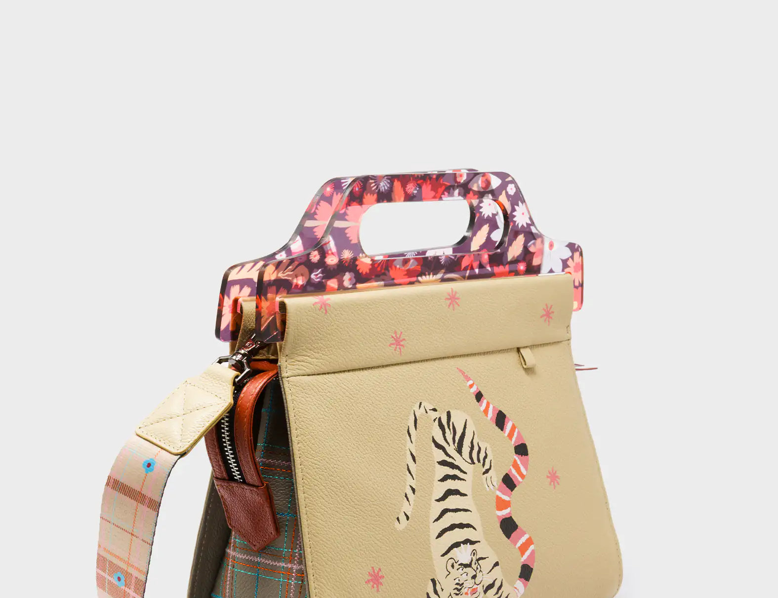 Vali Taupe Leather Crossbody Handbag Plastic Handle - Creatures of the Future Print - Main View