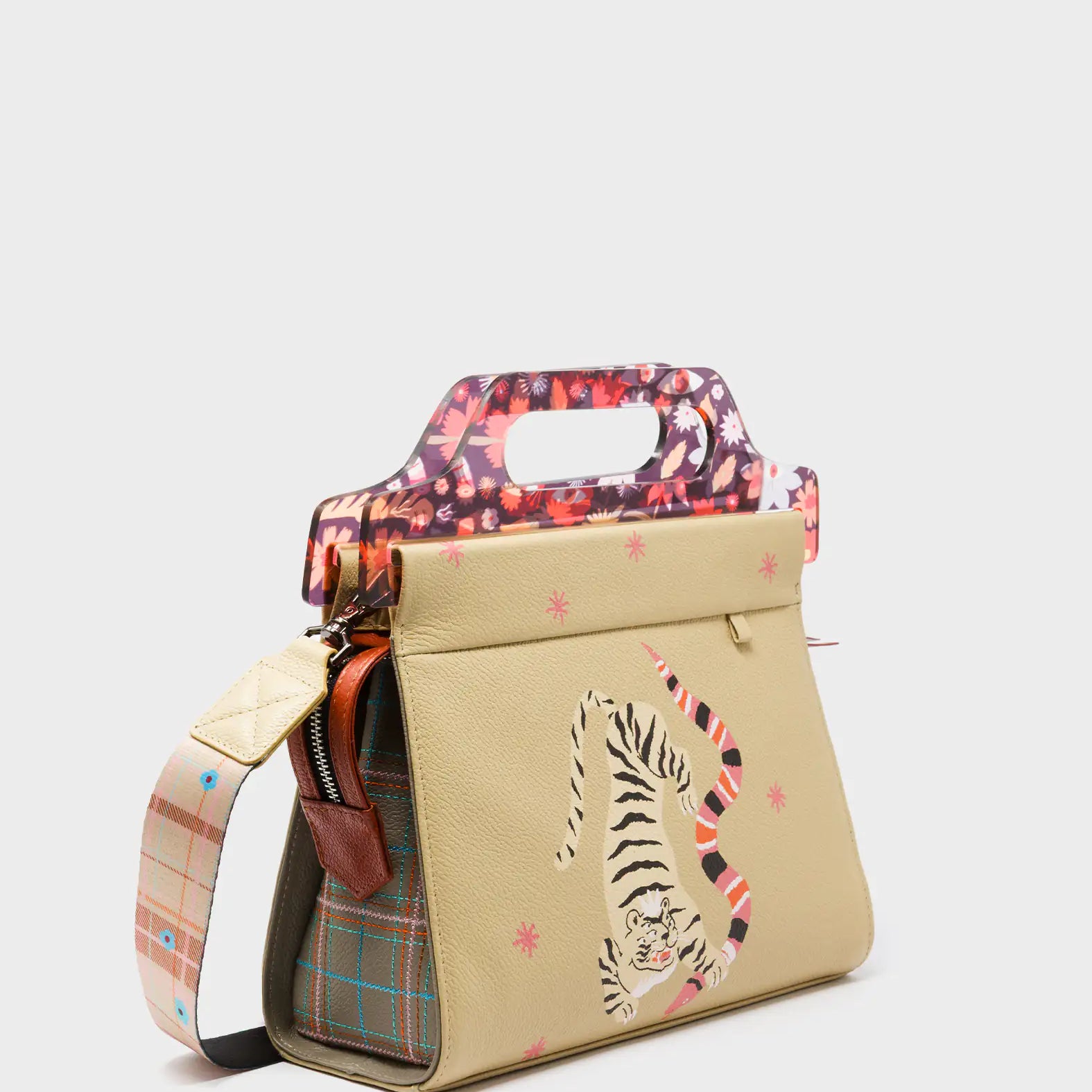 Vali Taupe Leather Crossbody Handbag Plastic Handle - Creatures of the Future Print - Main View