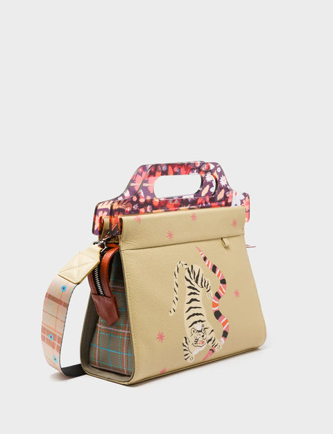 【美品】mowl Triarch Vali Gravel Beige Leather Crossbody Handbag Plastic Handle