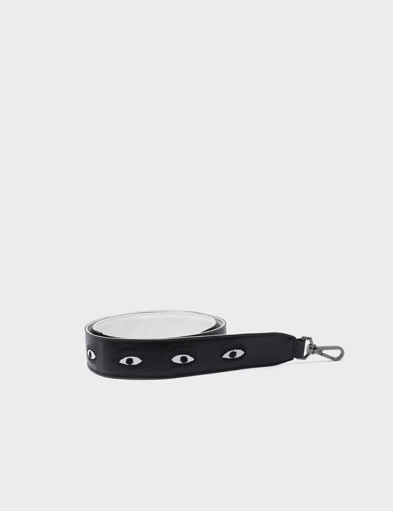 Detachable Black Leather Shoulder Strap - All Over Eyes Embroidery - product view