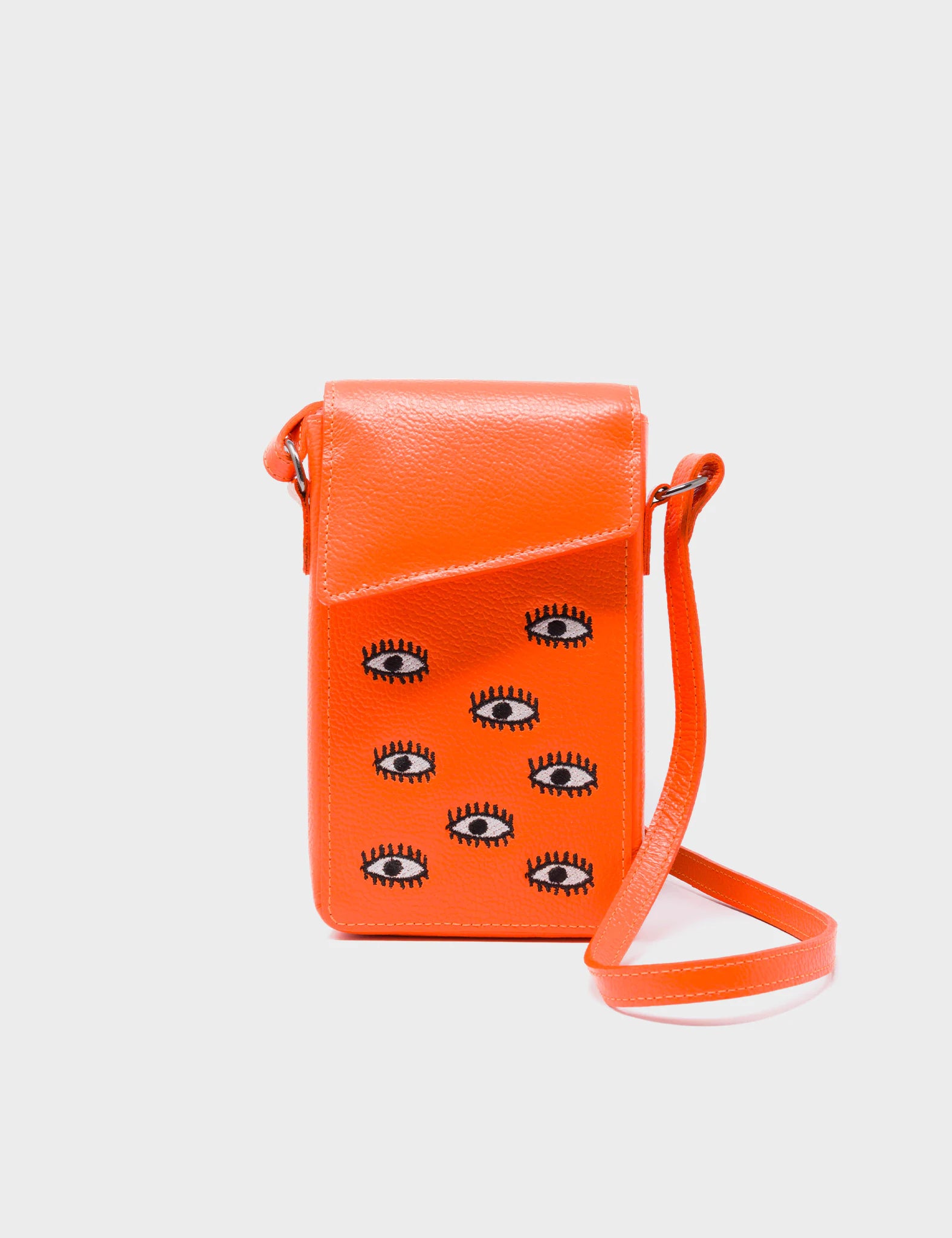 Max Neon Orange Cellphone Crossbody Pouch - All Over Eyes Embroidery - Front View