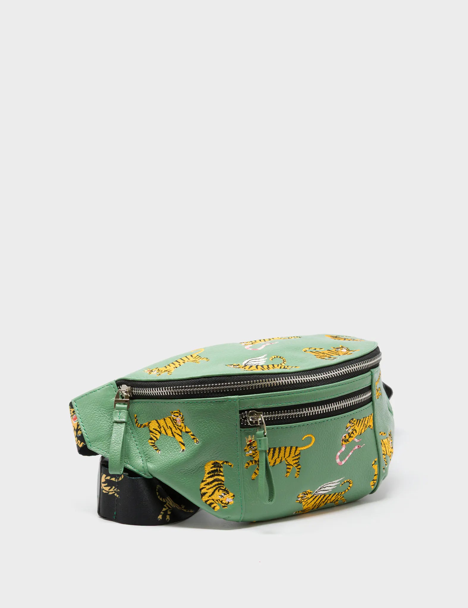 Harold Fanny Pack Basil Green Leather - Tigers Pattern - Main View