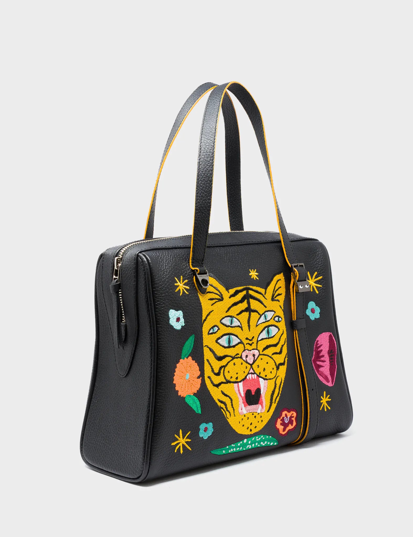 Esther Black Satchel Bag - Tiger and Flowers Embroidery - Main View