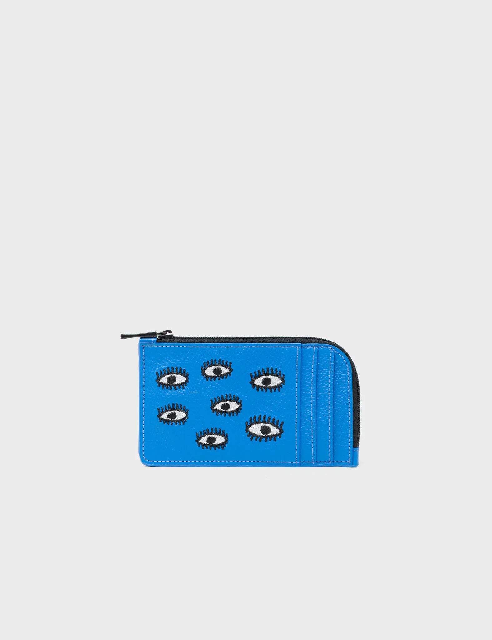 Fausto Ibiza Blue Leather Zip-around Cardholder - All Over Eyes Embroidery - Front