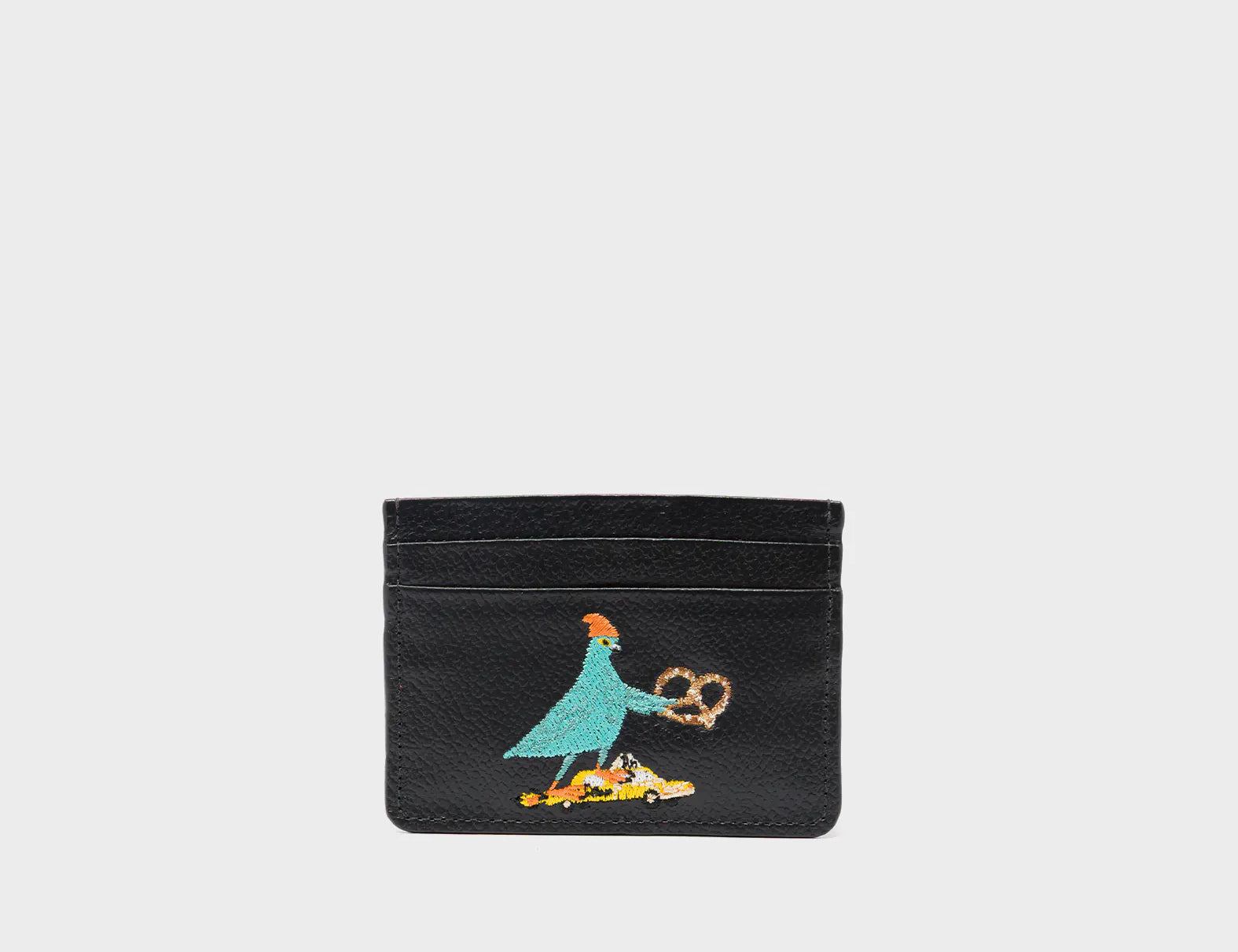 Filium Black Leather Cardholder - Pigeonista Embroidery - Front