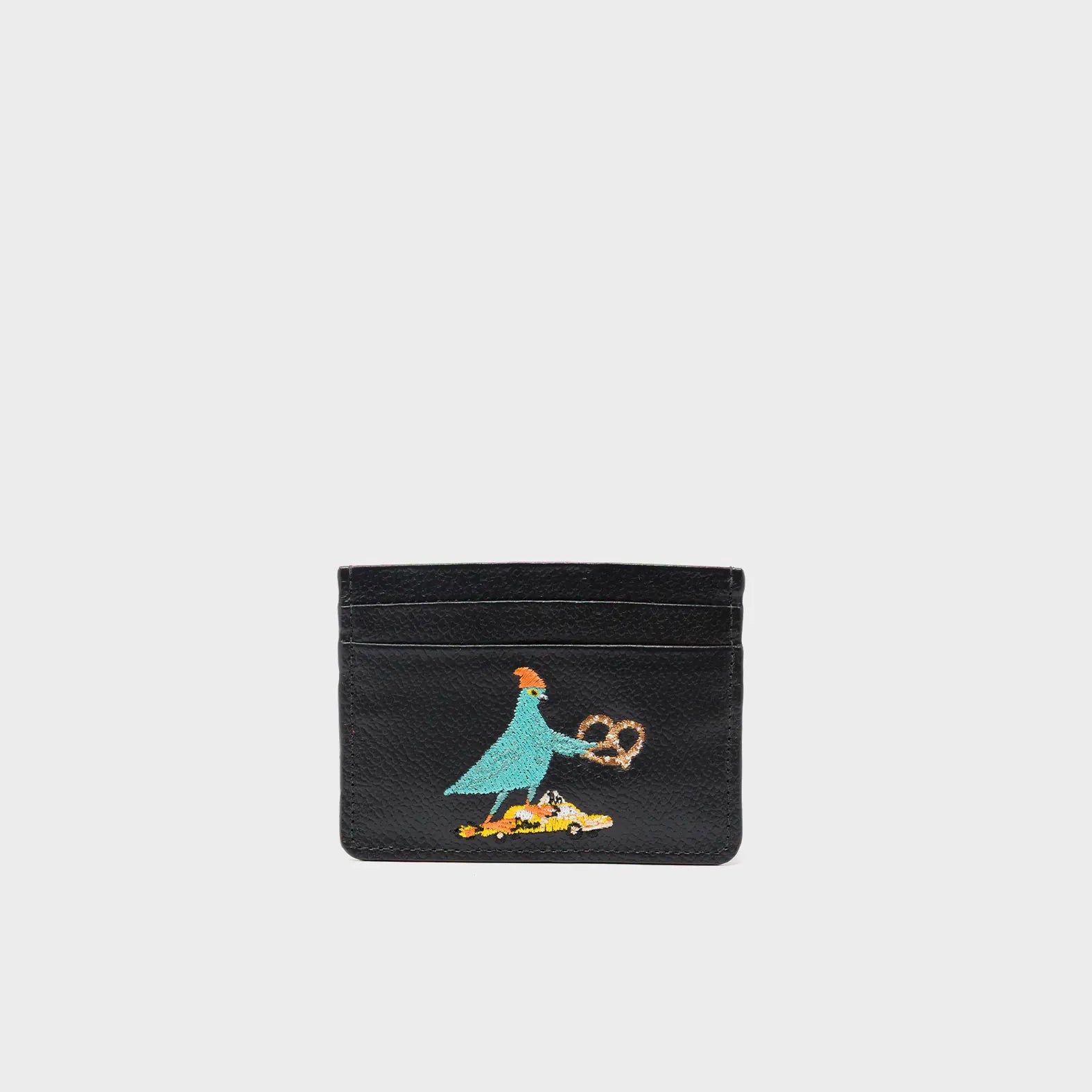 Filium Black Leather Cardholder - Pigeonista Embroidery - Front