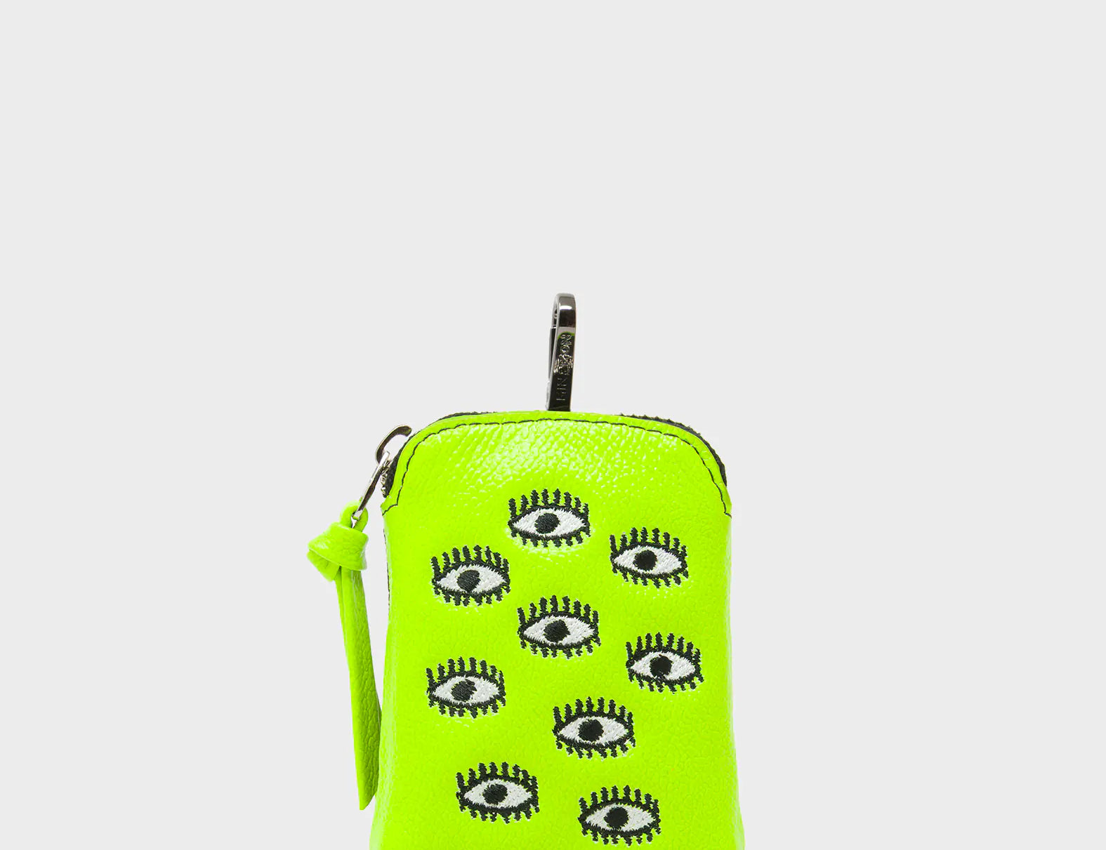 Florence Pouch Charm - Neon Lime Leather Keychain All Over Eyes Embroidery - Front view