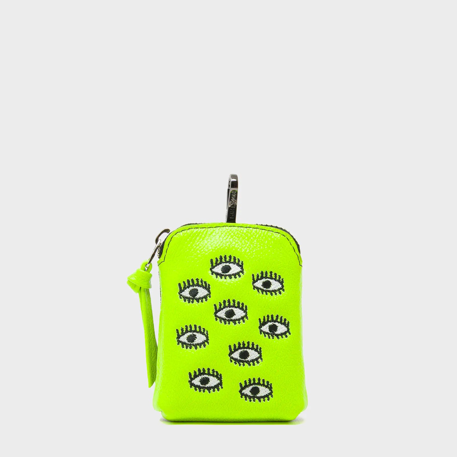 Florence Pouch Charm - Neon Lime Leather Keychain All Over Eyes Embroidery - Front view
