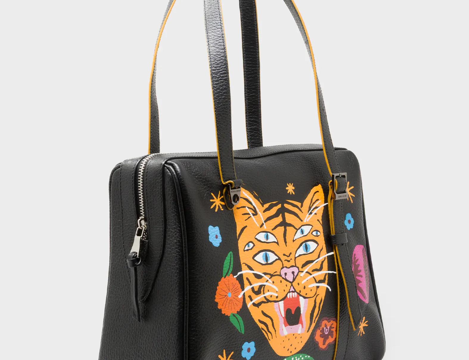 Esther Black Satchel Bag - Happy Tiger Print - Main
