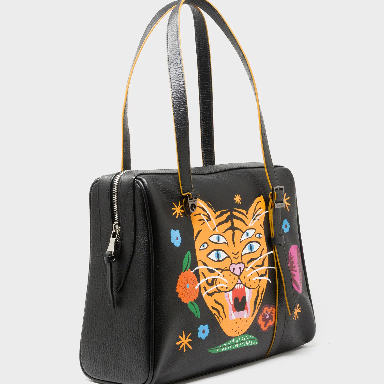 Esther Black Satchel Bag - Happy Tiger Print - Main