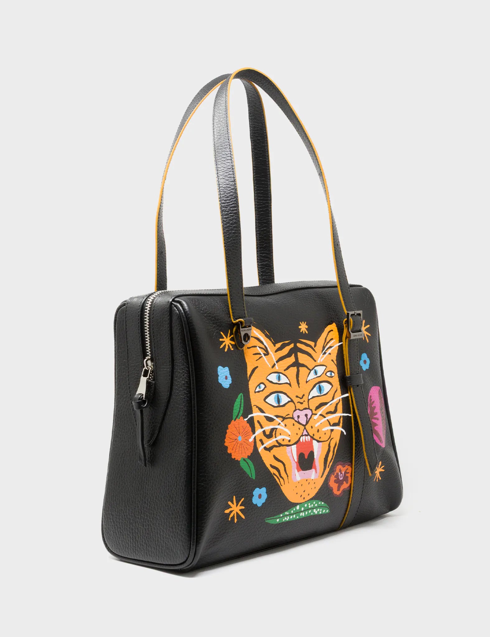 Esther Black Satchel Bag - Happy Tiger Print - Main