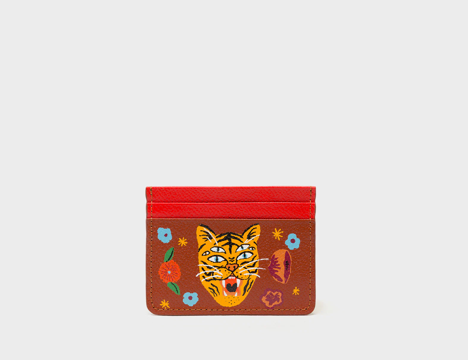 Filium Fiesta Red and Baked City Brown Leather Cardholder - Happy Tiger Print - Main VIew