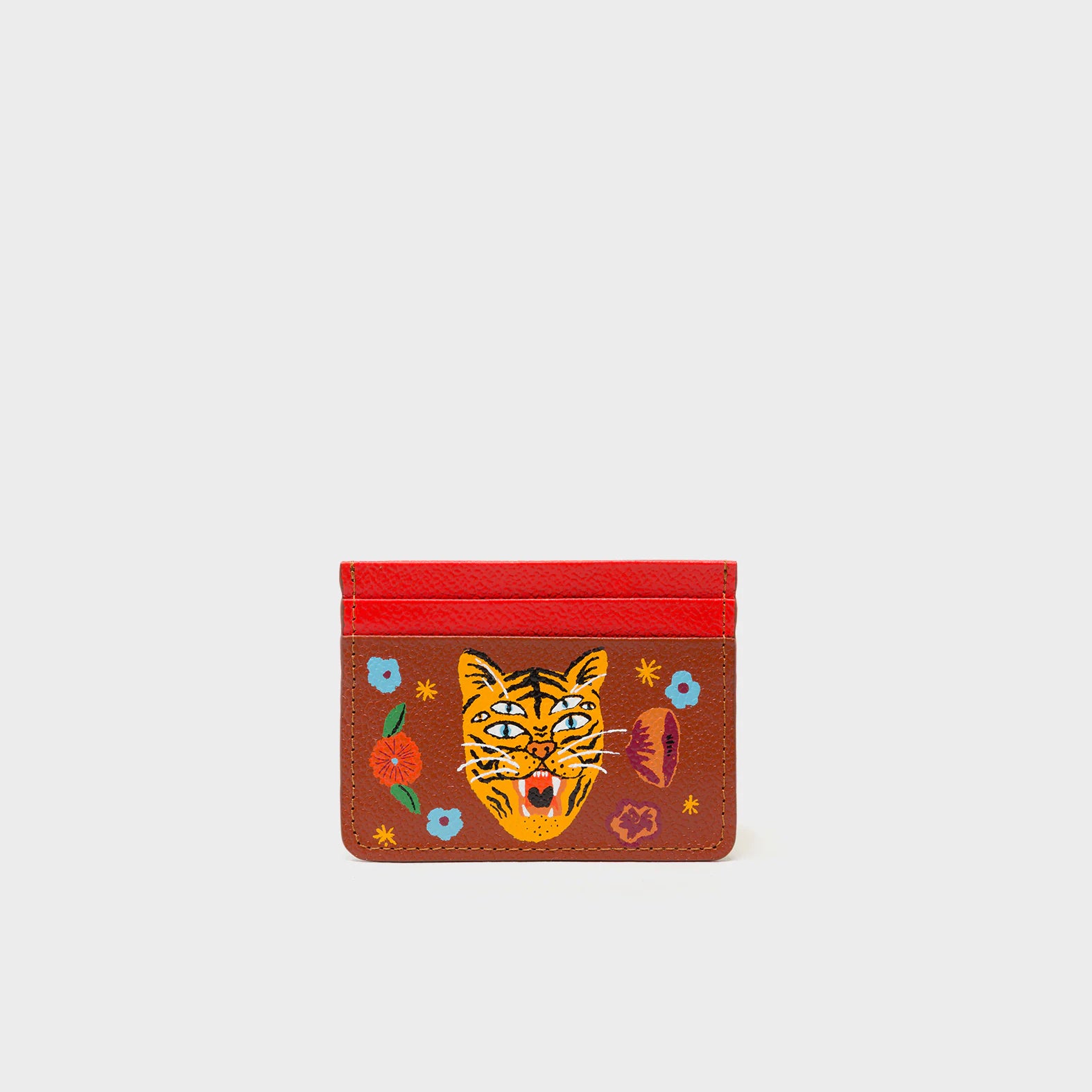Filium Fiesta Red and Baked City Brown Leather Cardholder - Happy Tiger Print - Main VIew