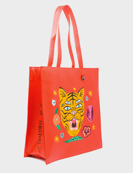 Marko Fiesta Red Leather Tote Bag Happy Tiger Embroidery – Min Mon