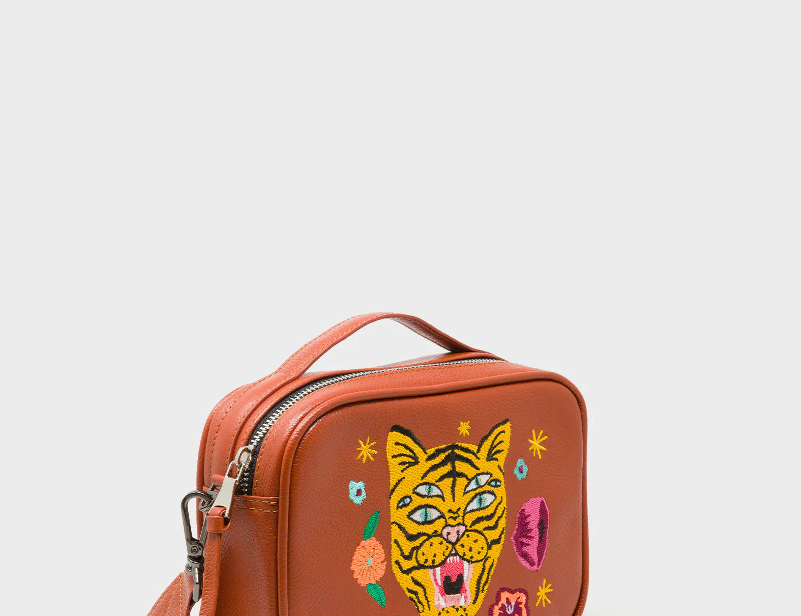 Verto Baked City Brown Leather Crossbody Bag - Happy Tiger Embroidery - Main view