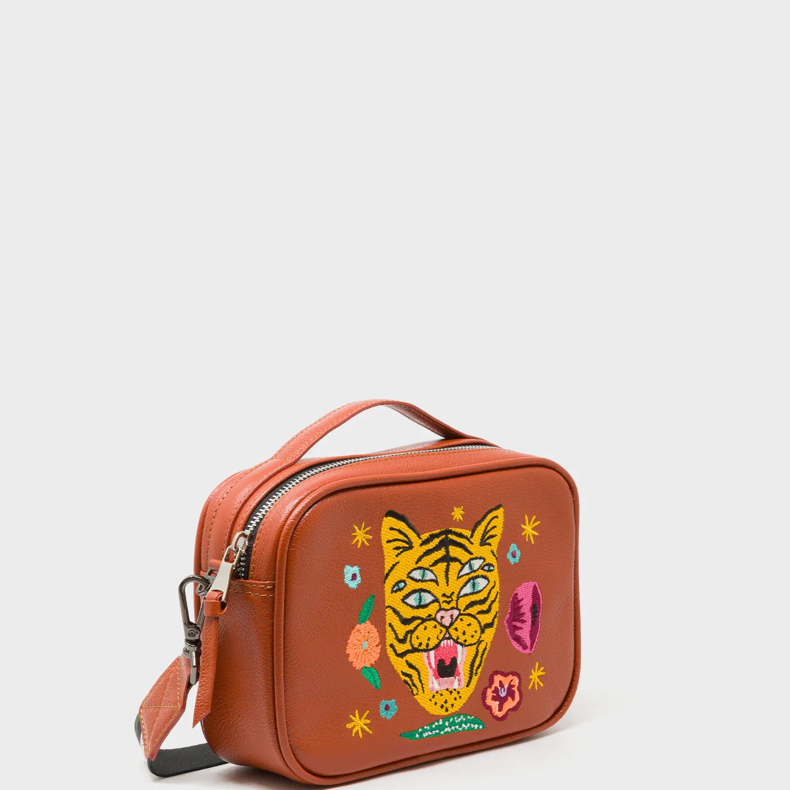 Verto Baked City Brown Leather Crossbody Bag - Happy Tiger Embroidery - Main view