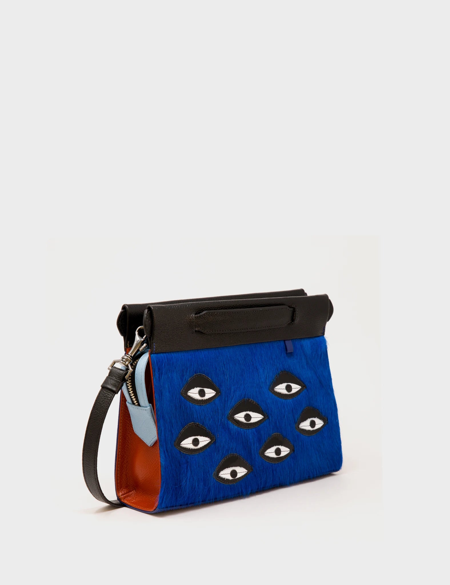 Crossbody Small Royal Blue And Black Leather Bag - Eyes Applique Adjustable Handle