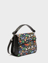 Mini Crossbody Handbag Manhattan Black Leather - Flowers Pattern Print