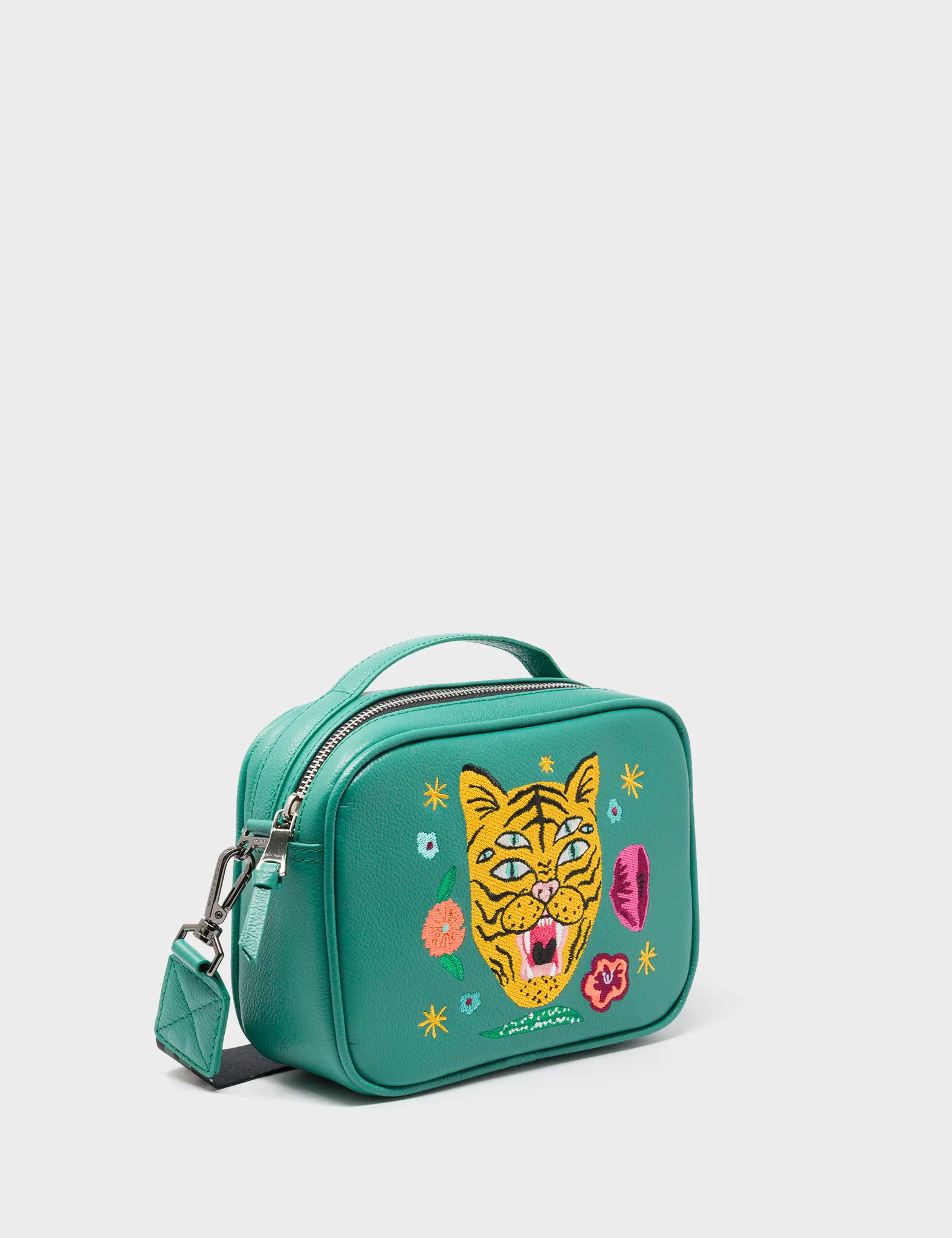 Verto Deep Green Leather Crossbody Bag - Happy Tiger Embroidery Verto Deep Green Leather Crossbody Bag - Happy Tiger Embroidery