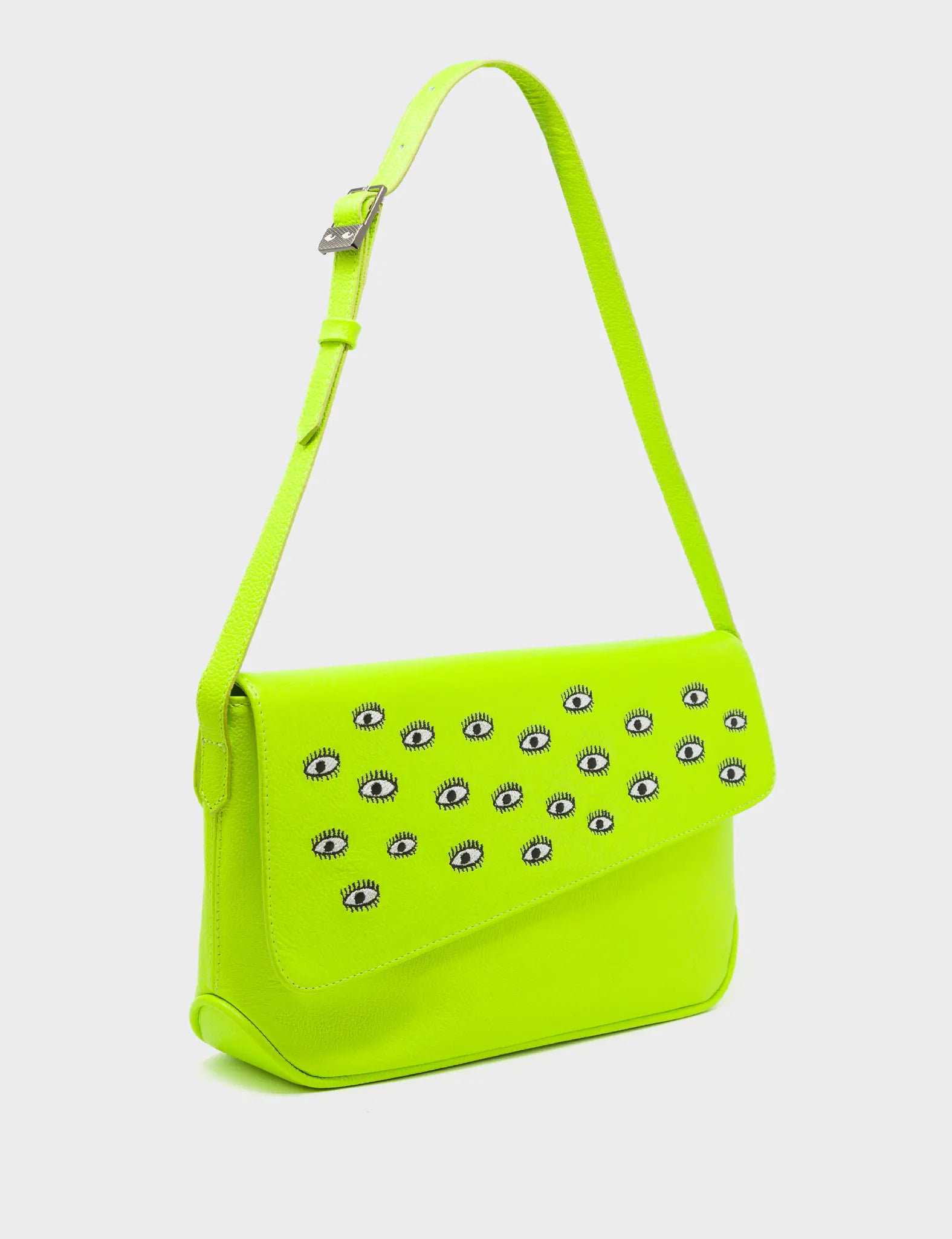 Bruno Medium Neon Yellow Leather Shoulder Bag - All Over Eyes Embroidery - Main View
