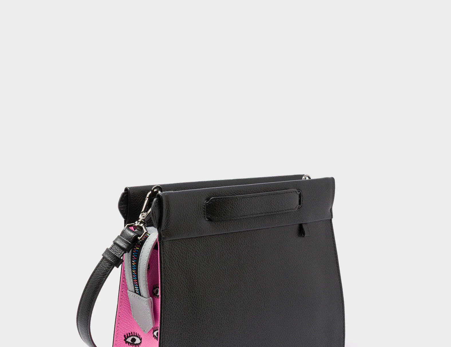 Vali Crossbody Small Black and Bubblegum Pink Leather Bag - All Over Eyes Embroidery - Main View