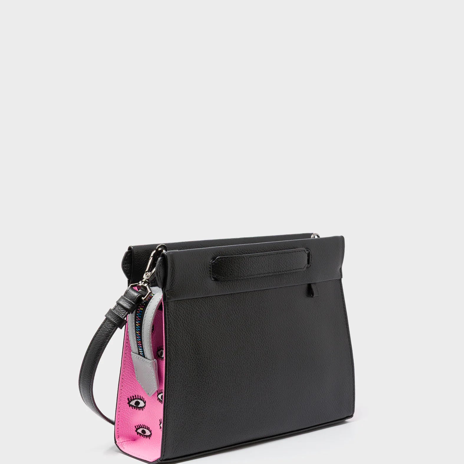 Vali Crossbody Small Black and Bubblegum Pink Leather Bag - All Over Eyes Embroidery - Main View
