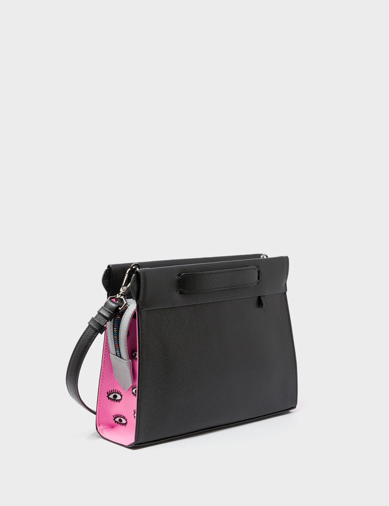 Vali Crossbody Small Black and Bubblegum Pink Leather Bag - All Over Eyes Embroidery - Main View