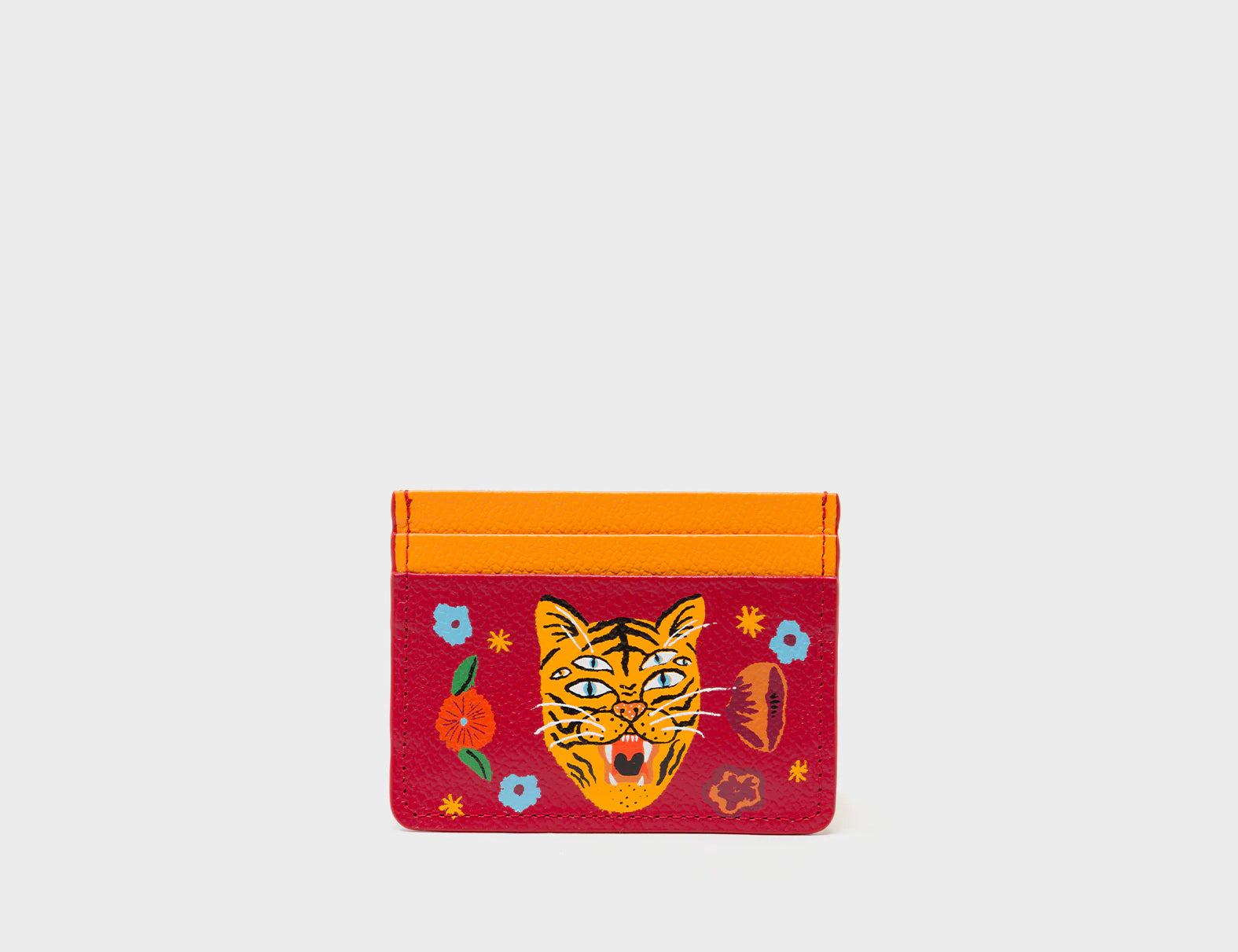 Filium Jester Red and Flamingo Orange Leather Cardholder - Happy Tiger Print - Main View