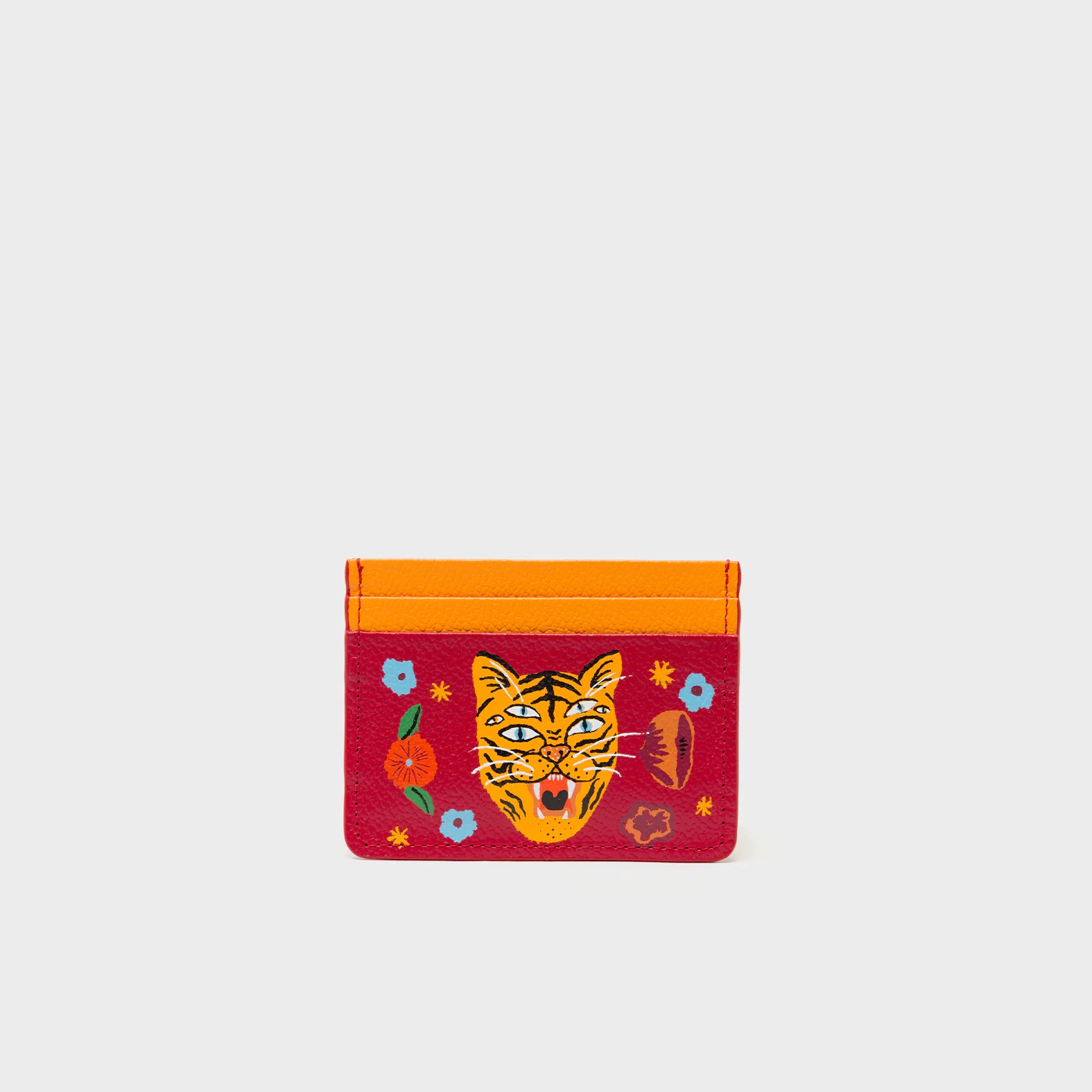 Filium Jester Red and Flamingo Orange Leather Cardholder - Happy Tiger Print - Main View