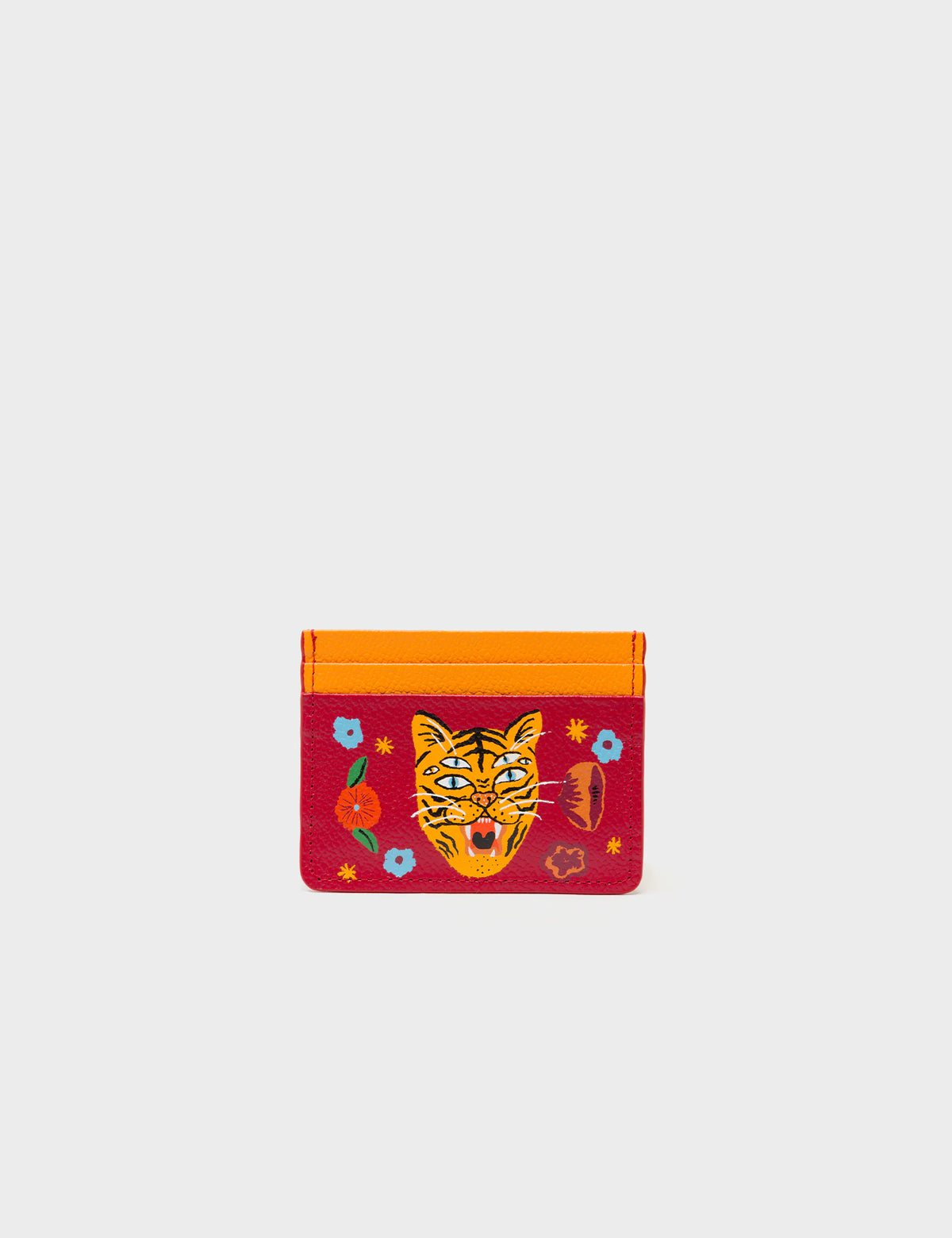 Filium Jester Red and Flamingo Orange Leather Cardholder - Happy Tiger Print - Main View