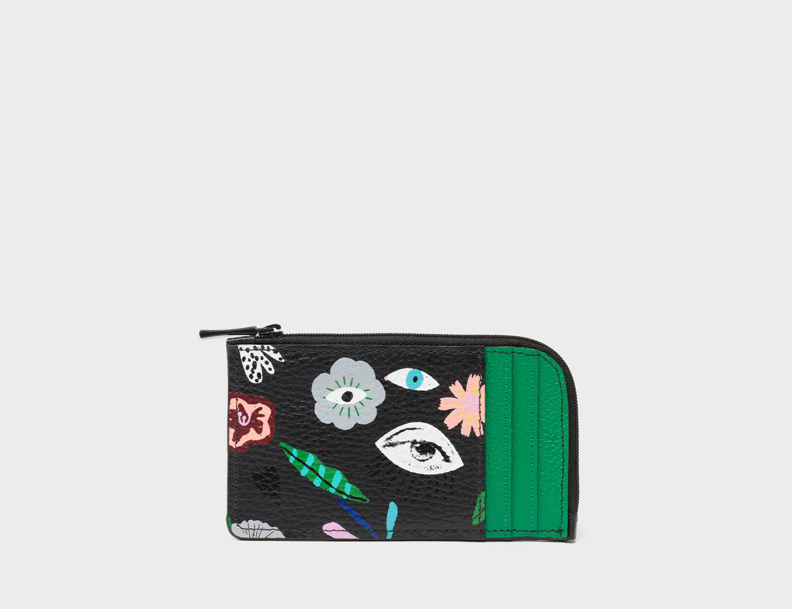 Fausto Black Leather Zip-around Cardholder - Floralia Print - Front