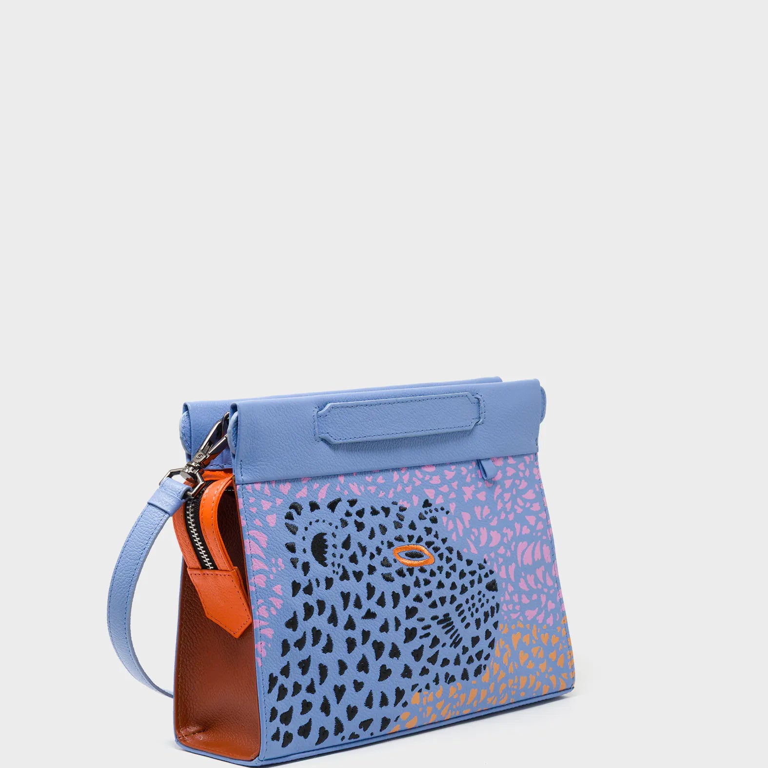 Vali Crossbody Vista Blue Leather Bag - Retro Tiger Design - Main View