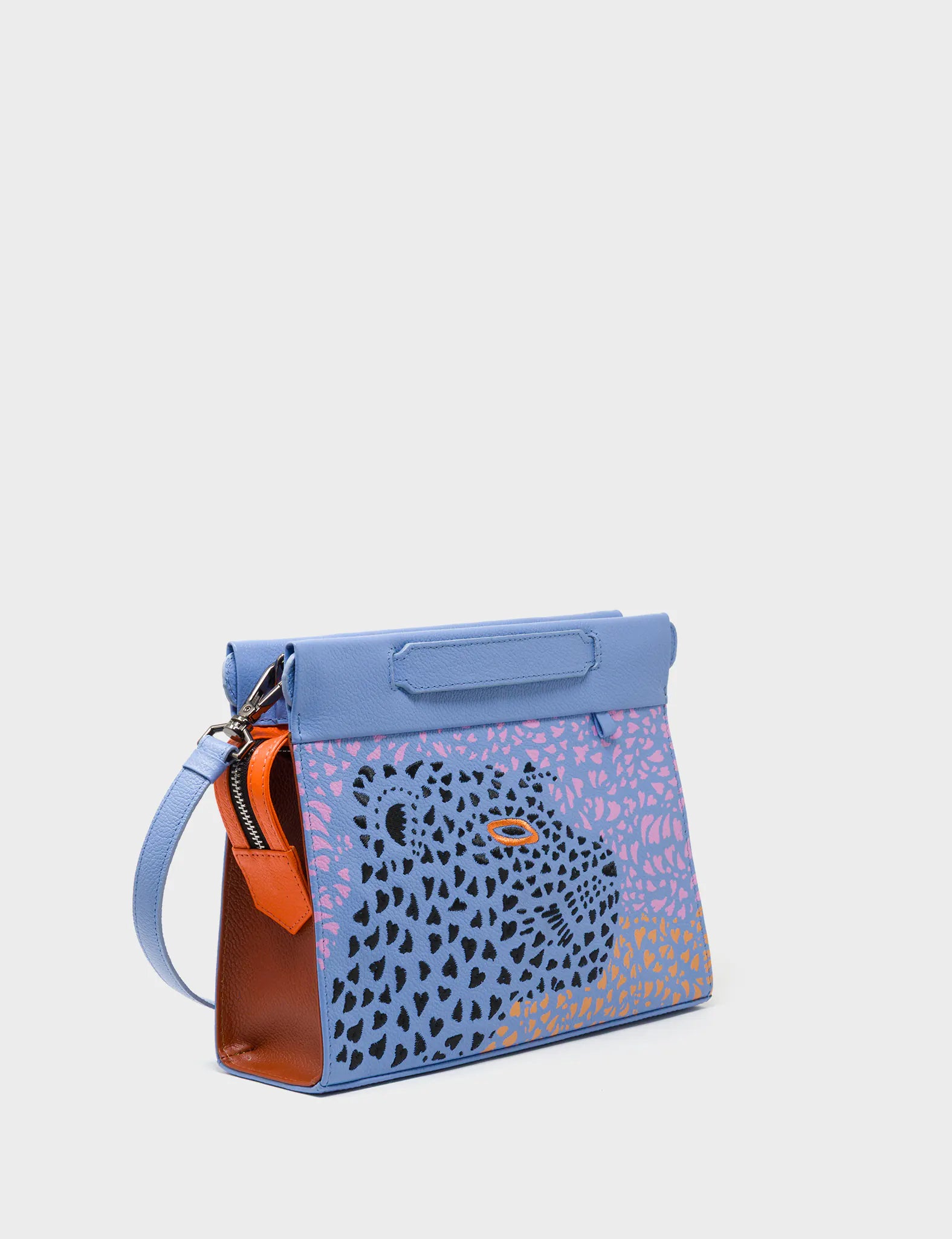 Vali Crossbody Vista Blue Leather Bag - Retro Tiger Design - Main View