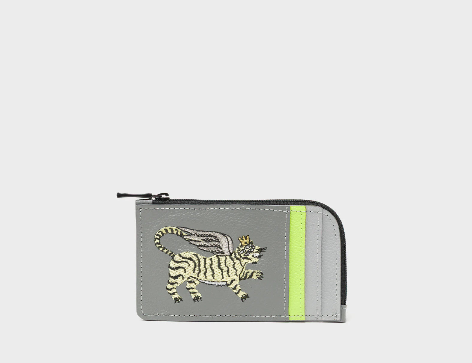 Fausto Gray Leather Zip-around Cardholder - Winged Tiger Embroidery - Front