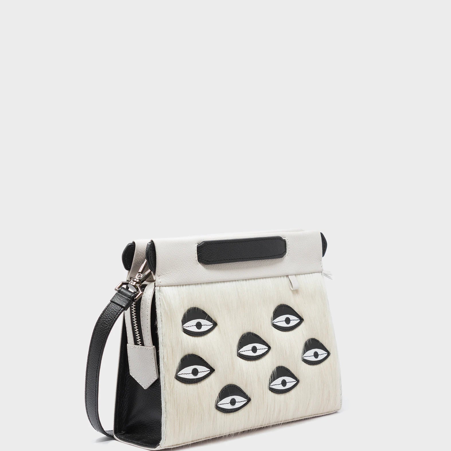 Vali Crossbody Small Cream Leather Bag - Eyes Applique Adjustable Handle - Main View
