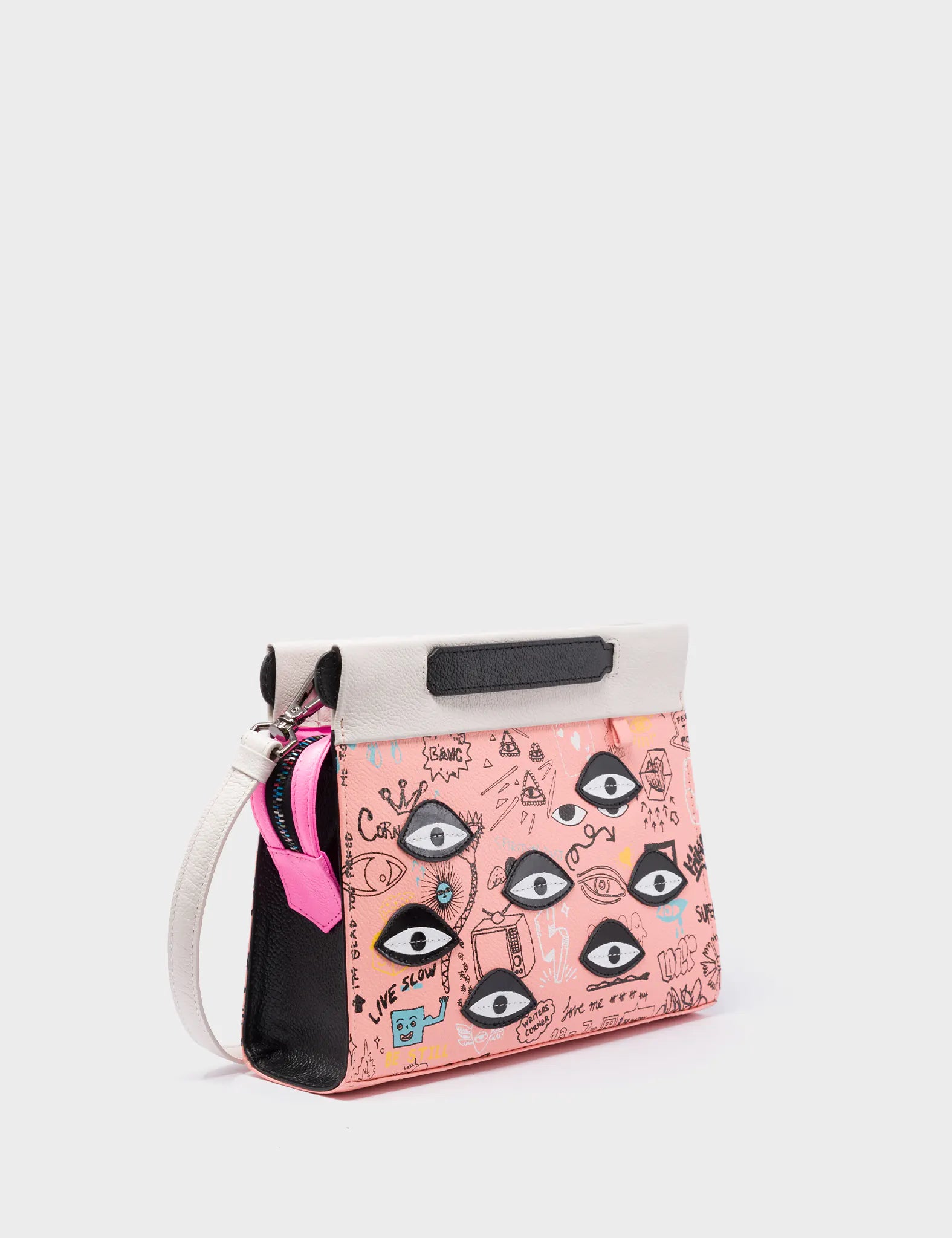 Vali Crossbody Small Rosa Leather Bag - Urban Doodles Print and Eyes Applique - Main View