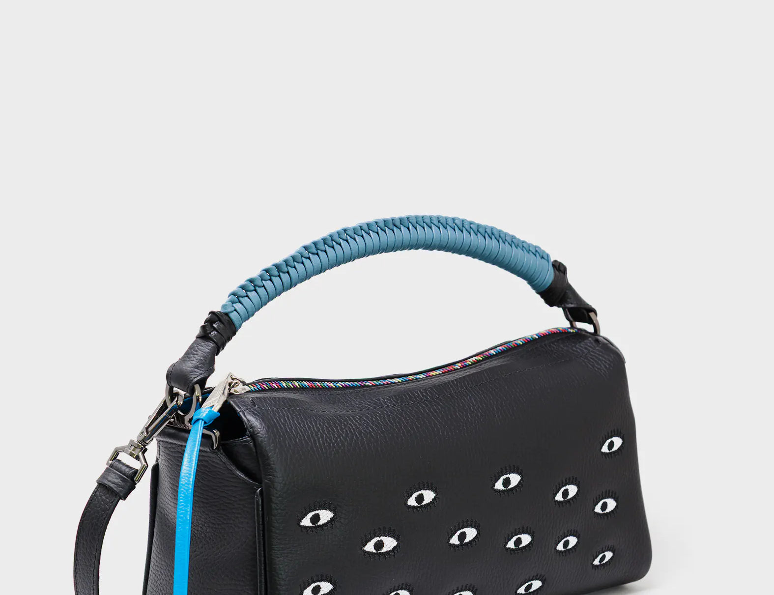 Tamarindo Medium Black Leather Shoulder Bag - All Over Eyes Embroidery