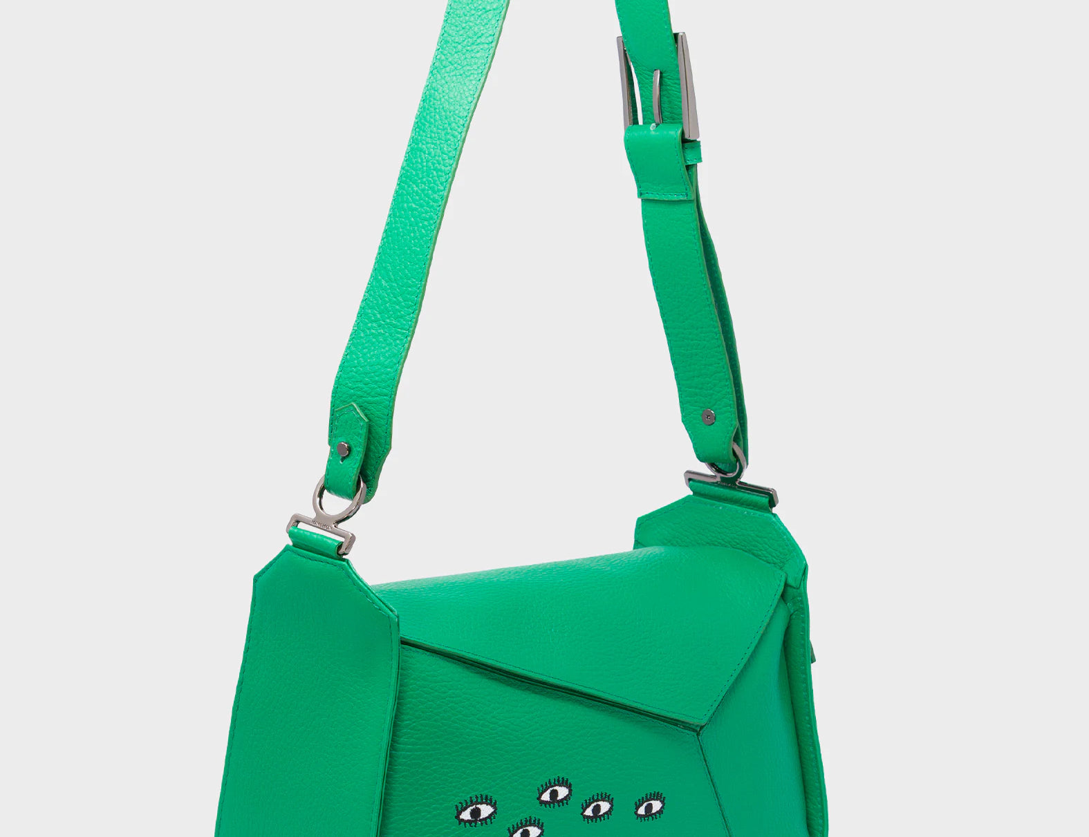Houston Irish Green Leather Shoulder Bag - All Over Eyes Embroidery - Main
