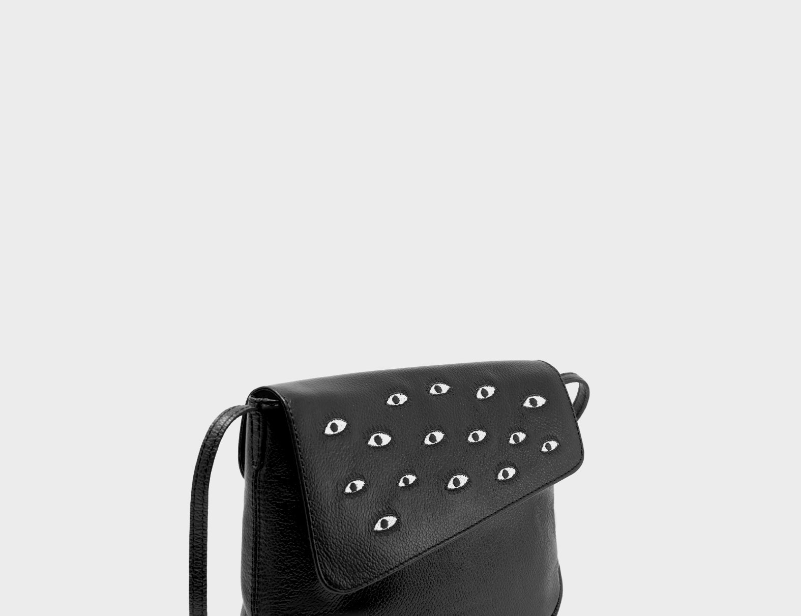 Bruno Mini Crossbody Black Leather Bag - All Over Eyes Embroidery - Main View