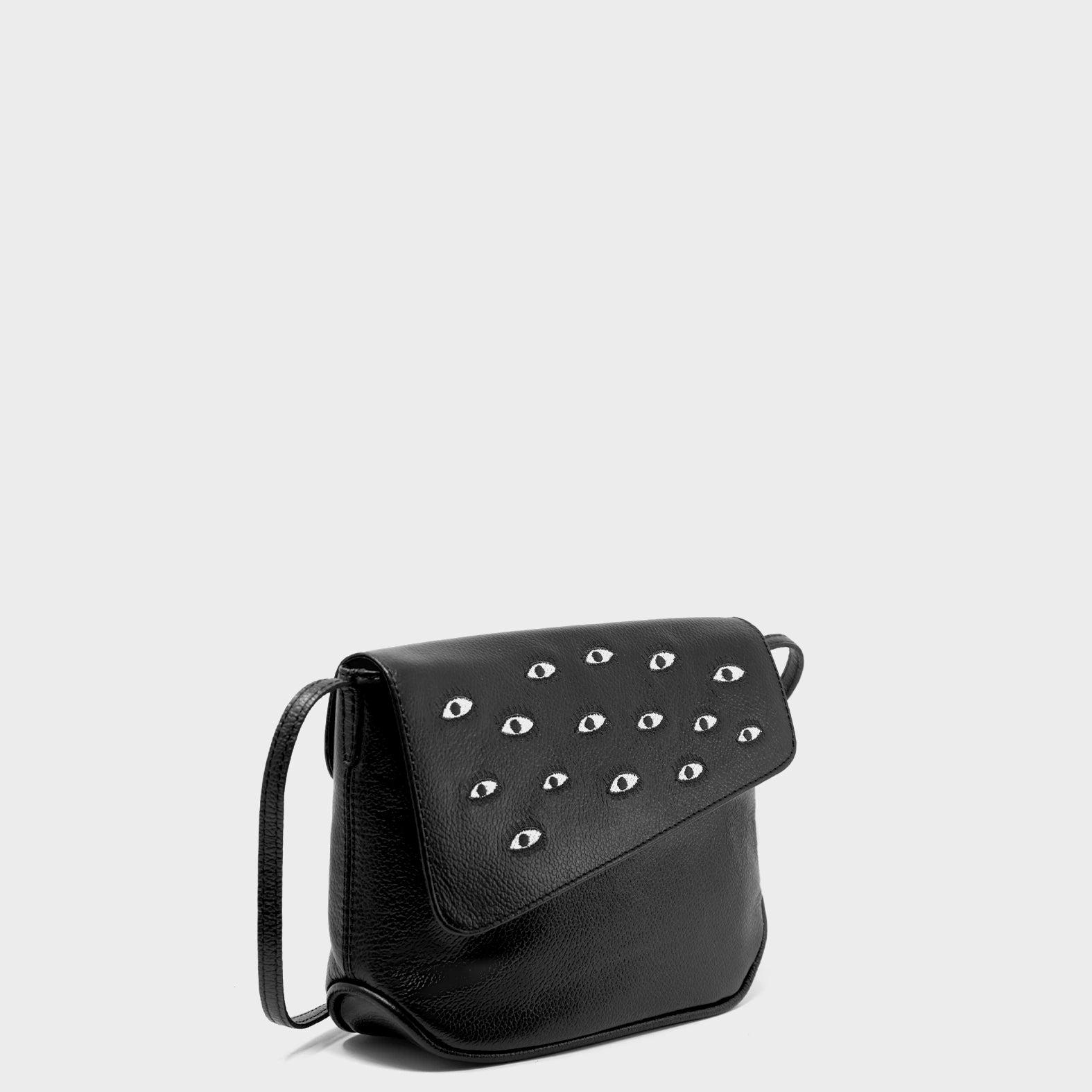 Bruno Mini Crossbody Black Leather Bag - All Over Eyes Embroidery - Main View