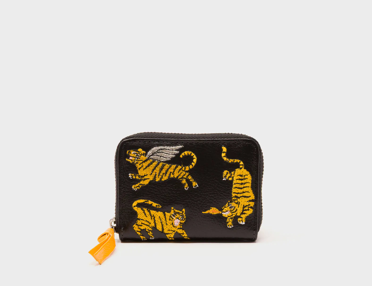 Frodo Black Leather Zip Around Wallet - Tigers Embroidery - Front
