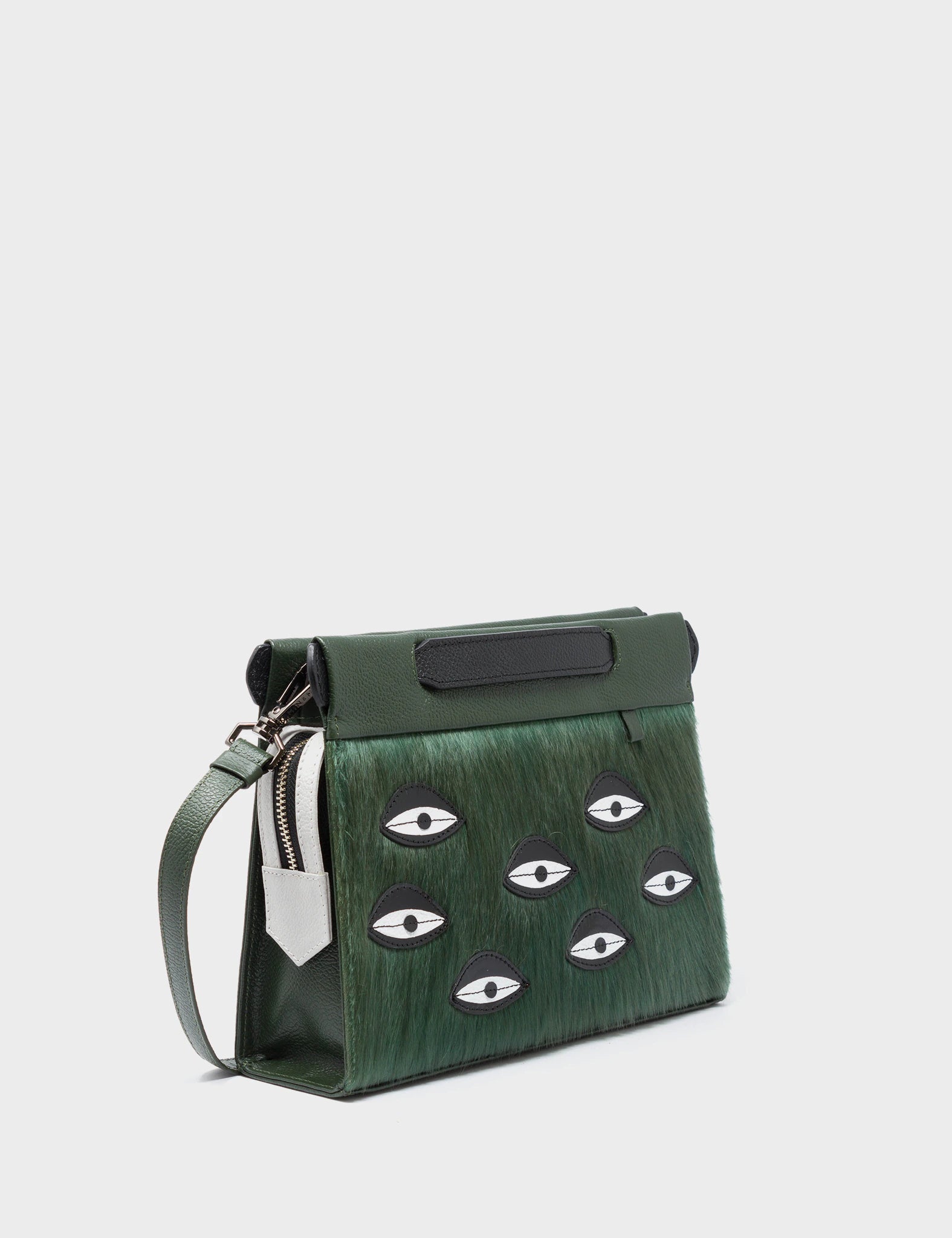 Vali Crossbody Small Green And Black Leather Bag - Eyes Applique Adjustable Handle - Main View